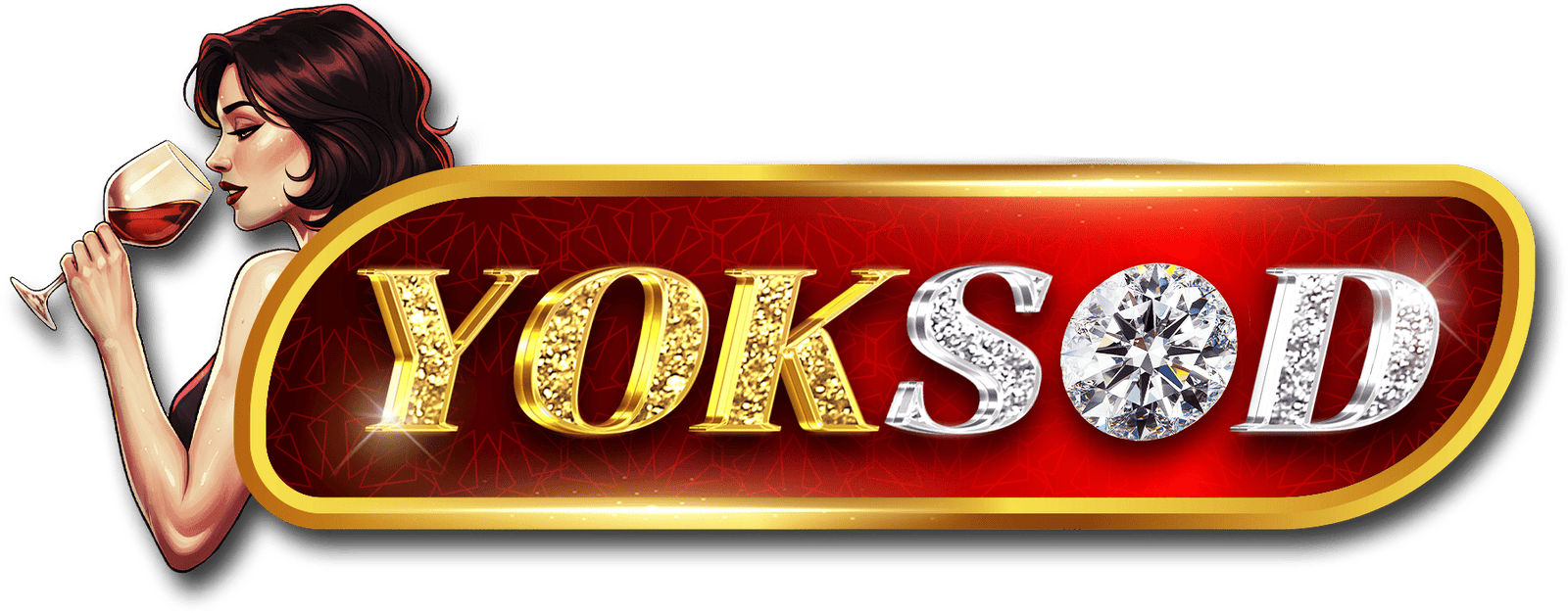 โลโก้ yoksod โทนแดงทอง หรูหรา พร้อมภาพหญิงสาวถือแก้วไวน์ สื่อถึงเว็บสล็อตพรีเมียมและความมั่นใจในการเล่น