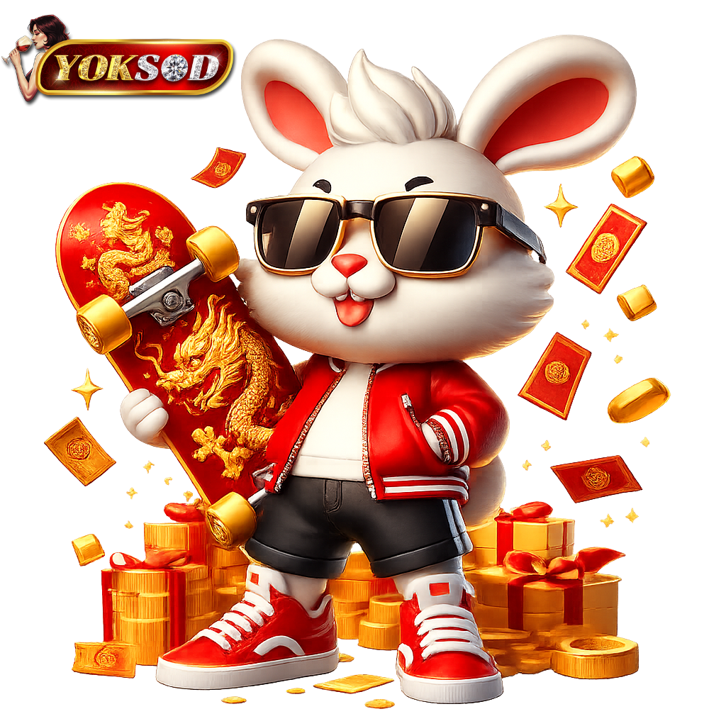 yoksod สายมันส์ เล่นสนุกทุกจังหวะ รับโชคแบบวัยรุ่นยุคใหม่ กระต่ายนำโชค yoksod สวมแว่นกันแดด ถือสเก็ตบอร์ดลายมังกร ล้อมรอบด้วยเหรียญทองและของขวัญ